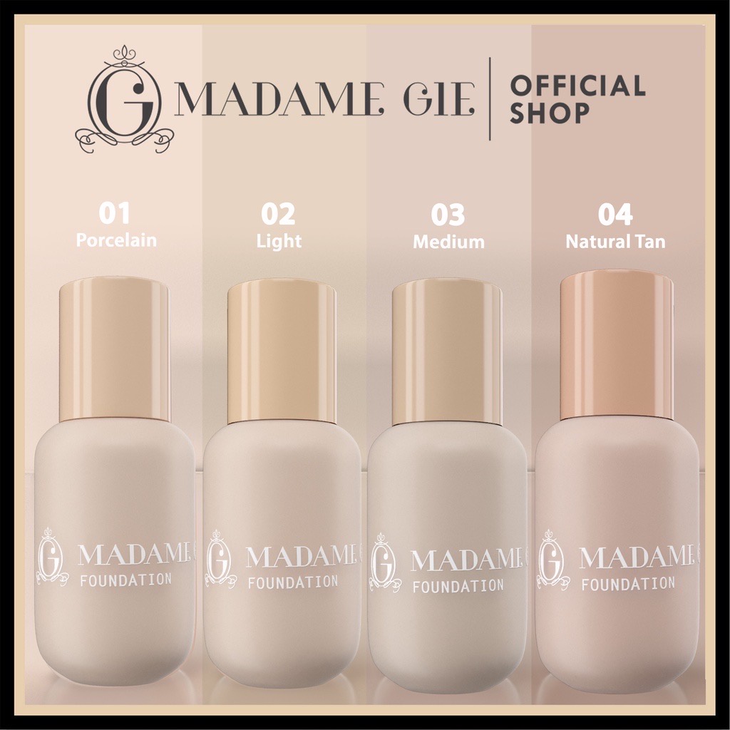 MADAME GIE Airy Coverstay Foundation Indonesia / High Coverage Longlasting 36g Oil Control Satin Smooth Non Cracky Stay Up To 12 H / Matte Light / Tahan Lama / Porcelain Light Medium Natural Tan Cover Stay Liquid Cosmetic Face Make Up Concealer Corrector