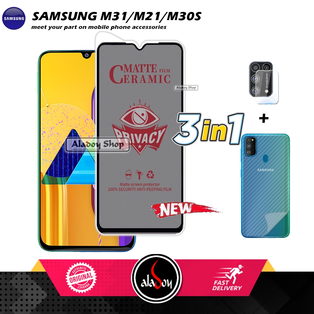 Tempered Glass Anti SPY Samsung M21/M31/M30S Anti Gores Privacy + Tempered Glass kamera dan Skin Carbon