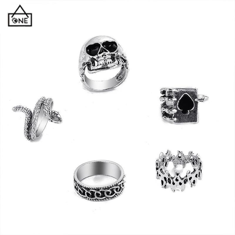 COD❤️9pcs/set Tengkorak Vintage Retro Sword Ring Hip Hop Punk Silvermetal Ring Set