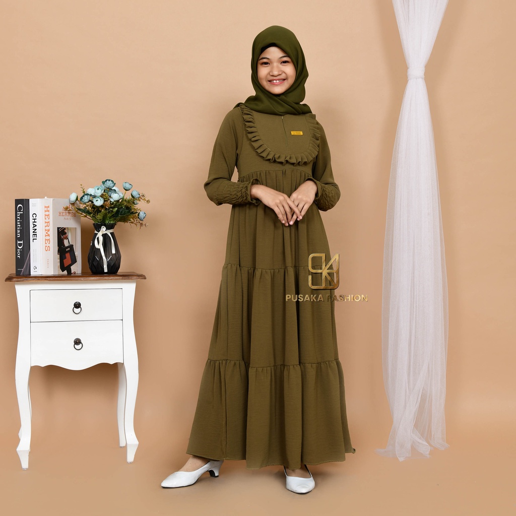 VINA KIDS GAMIS cringkle ANAK perempuan remaja tanggung 9-17 tahun fashion muslim longdress KID girl serut susun modern premium warna putih tulang pink fuchia sage green hitam bata mocca lemon olive broken white gamis putih manasik haji mengaji terbaru