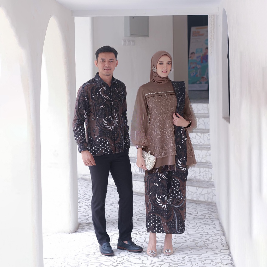 BISA COD - Batik Kebaya Couple Livia Tulle Mutiara Mix Payet Premium Rok Span Pinggang Karet Allsize Kemeja Pria Lengan Panjang Kebaya Wisuda Lamaran