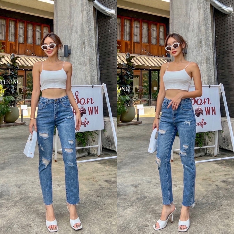 CELANA JEANS PROMTHONG 3523 HIGHWAIST DENIM RIPPED PANTS IMPORT  BANGKOK (CLPMT3523)