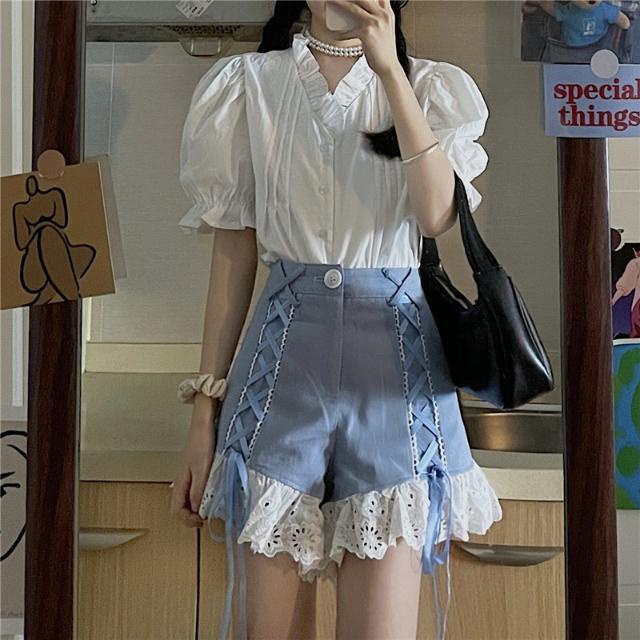 Suhao one-piece suit Chic hantu kuda gadis musim panas putih lengan pendek kemeja dengan telinga kayu + renda jahitan celana pendek setelan