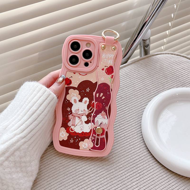 Wave Wrist strap Leather Soft Case iPhone 6S 7 8 Plus XR XS Max 11 12 13 14 Pro Max 14 Plus Protect Phone Case Cute Cherry Rabbit Pink