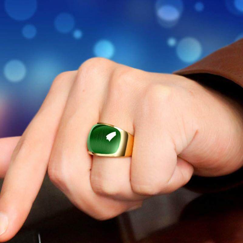 HZP Cincin Warna Gold untuk Pria, Cincin Pesta Bahan Baja Tahan Karat dengan Batu Mata Kucing Hijau 