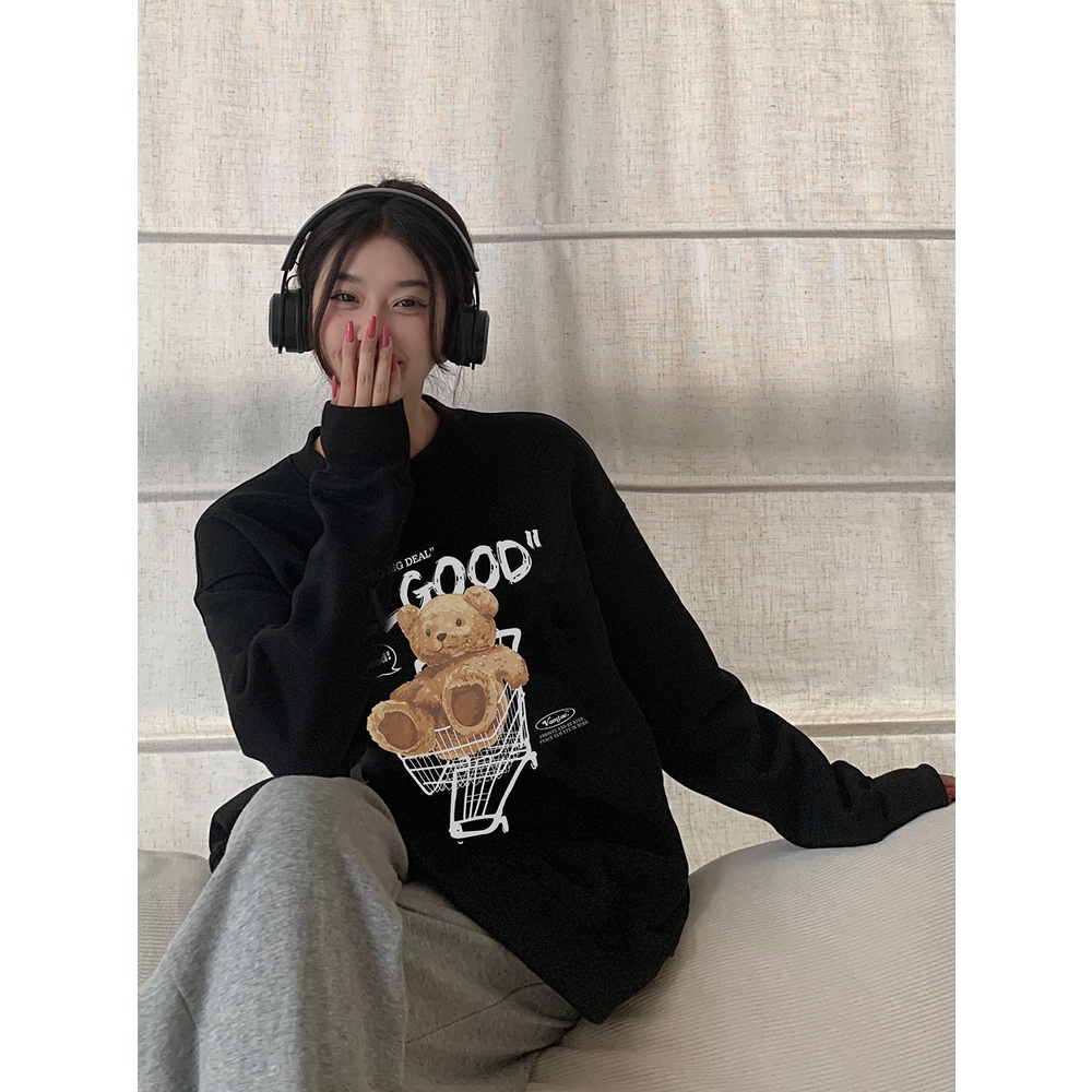 EUNII Sweater Lengan Panjang Cartoon Plush Shopping Bear Korean Style/Hoodie Oversize/Baju Wanita/Switer Wanita