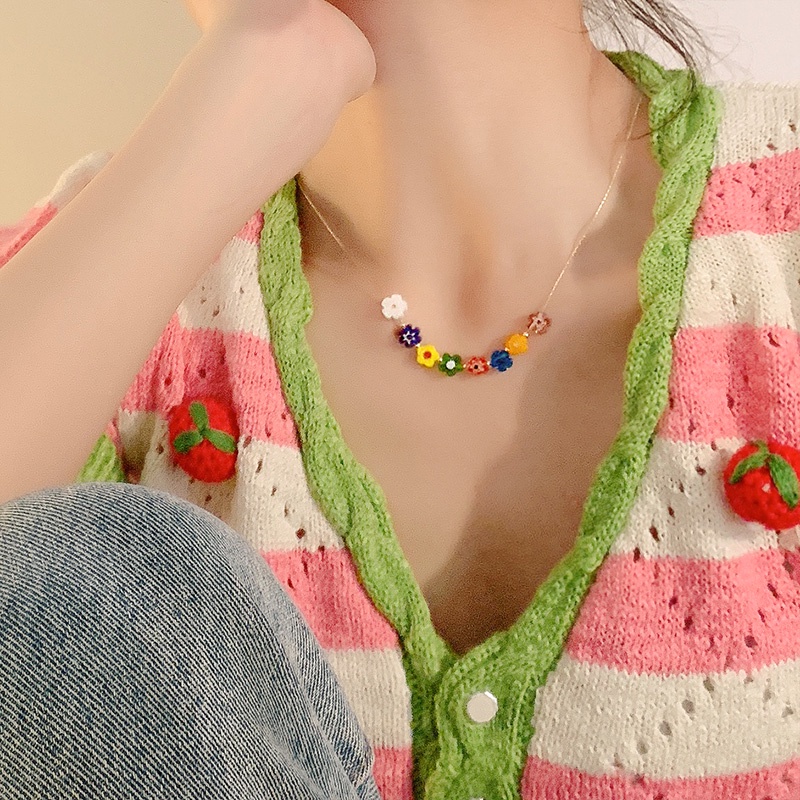 Kalung Rantai Tulang Selangka Desain Manik-Manik Bunga Warna Pelangi Gaya Korea Untuk Wanita