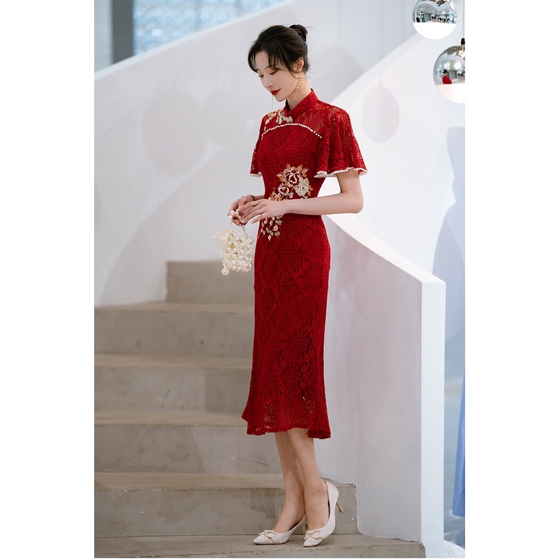 Gaun Pesta D22035 Cheongsam Merah Lengan Pendek Sangjit Dress Gown