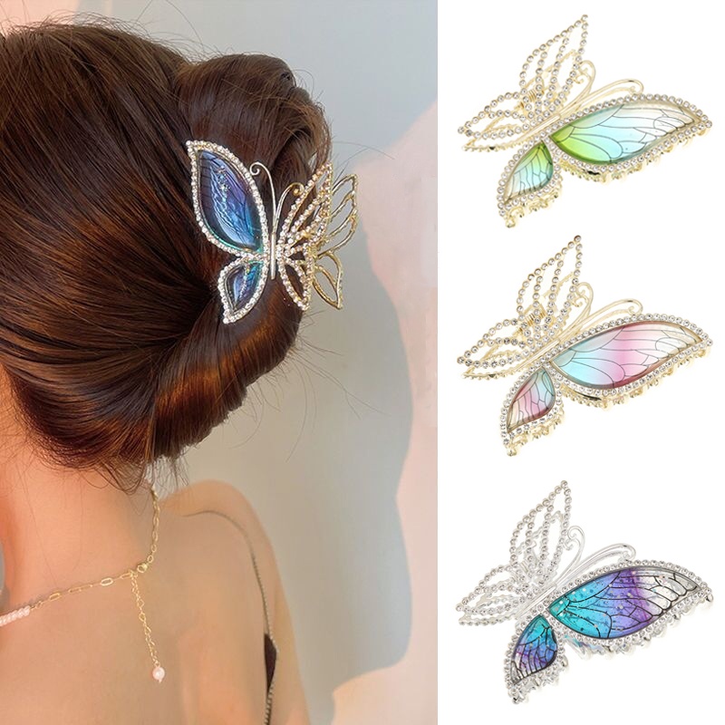 Korea Kupu-Kupu Berlian Imitasi Klip Rambut Mode Kristal Berlian Wanita Alloy Hair Claw Hairpin Aksesoris Rambut