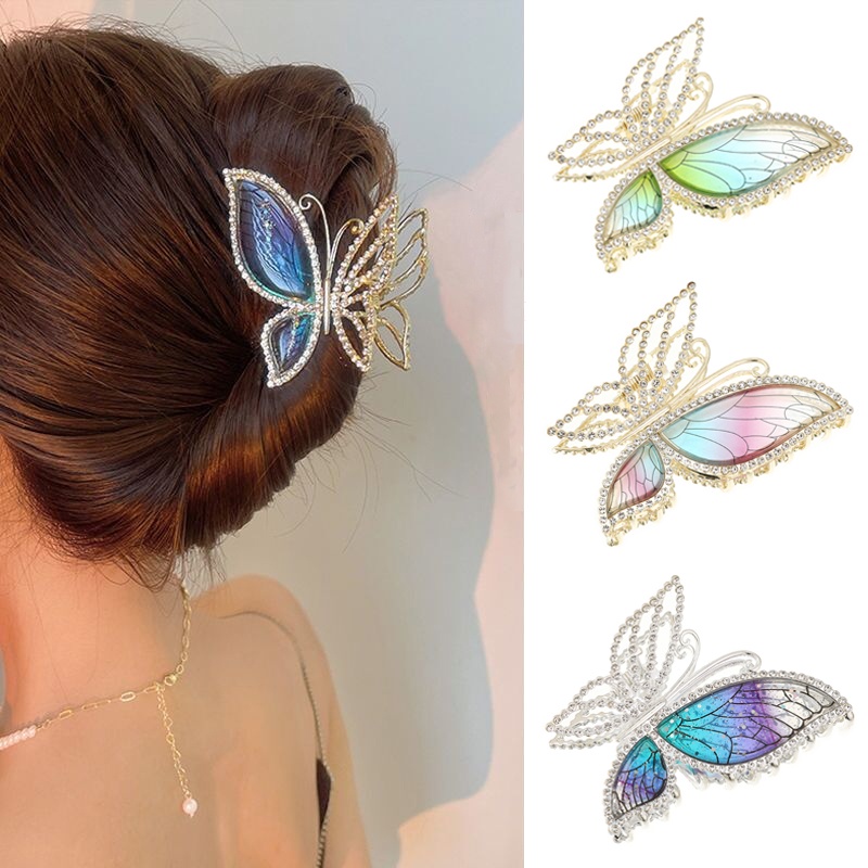 Korea Kupu-Kupu Berlian Imitasi Klip Rambut Mode Kristal Berlian Wanita Alloy Hair Claw Hairpin Aksesoris Rambut