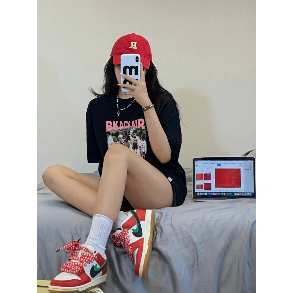 [100%  Katun]Kaos American Retro Oversize Kekinian Lengan Pendek Korean Style Printed T-shirt Baju Wanita Hitam