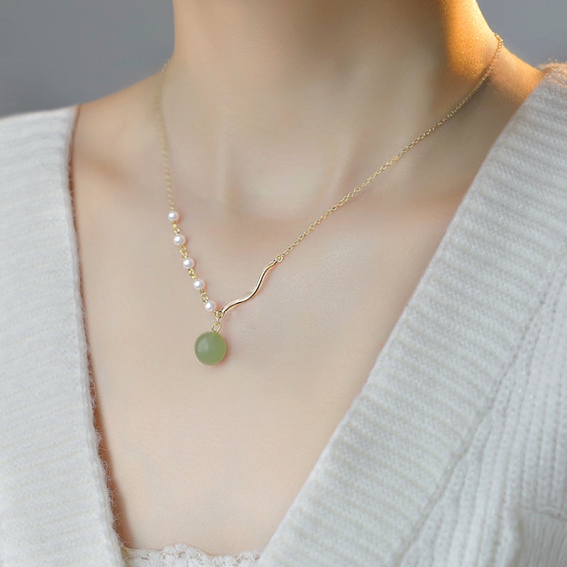 Fashion Wanita Perhiasan Alloy Buatan Mutiara Giok Manik Liontin Kalung