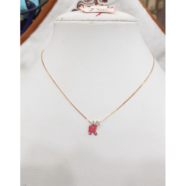 KL568JM114JM kalung model italy santa variasi liontin huruf R pink permata emas kuning asli berat 2.