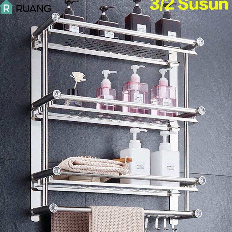 3/2 Susun Rak Kamar Mandi Dinding Rak Bumbu Dapur Stainless Steel Rak Tempel Gantung Rak Handuk | ra