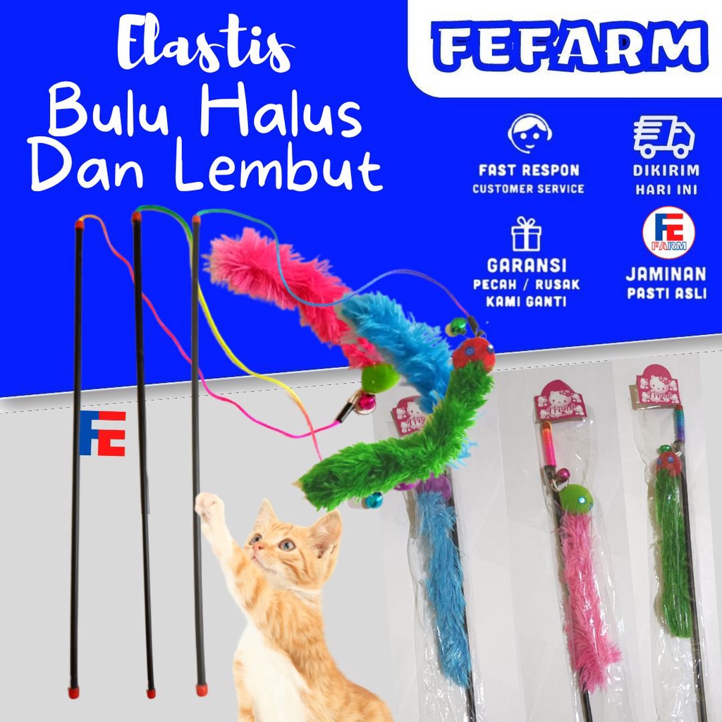 Mainan Tongkat Bulu Tikus Lebat Halus Warna Warni Bahan Plastik Dengan Tali Elastis Untuk Kucing FEFARM