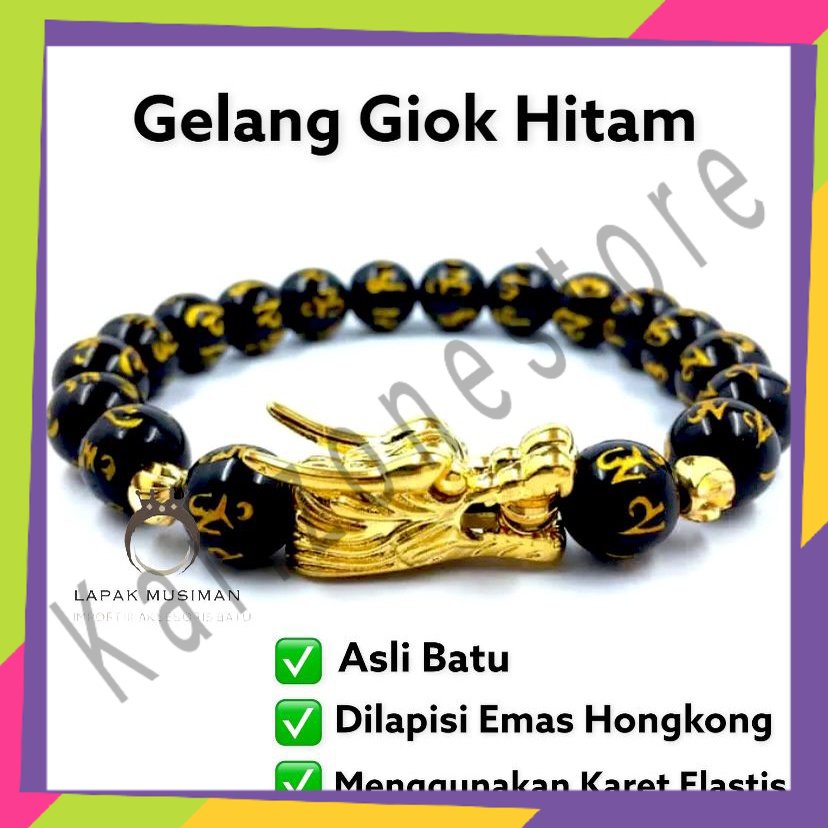 Gelang Pria Naga Giok Hitam Kombinasi Mantra Budha