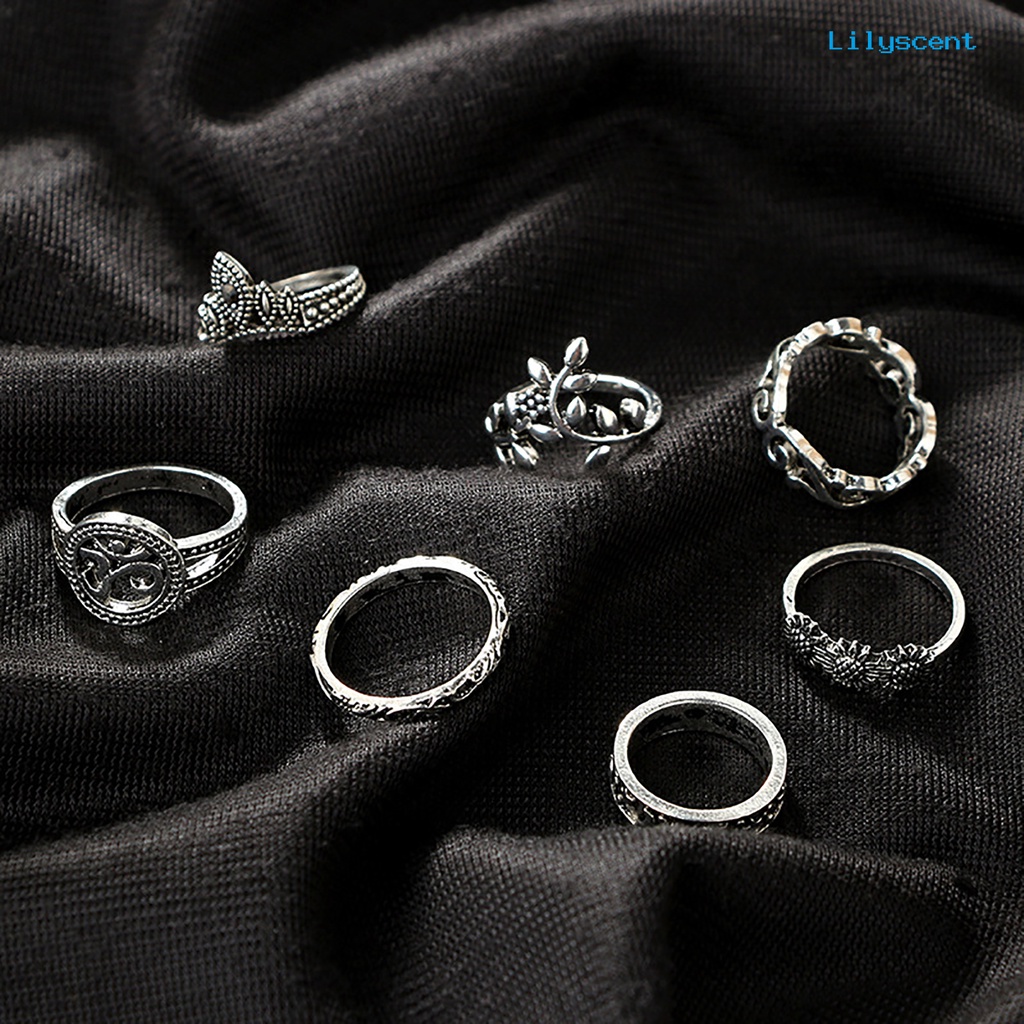 [LS]9 Pcs Diukir Bunga Dapat Ditumpuk Knuckle Rings Warna Perak Bohemia Berongga Jari Cincin Aksesori Perhiasan