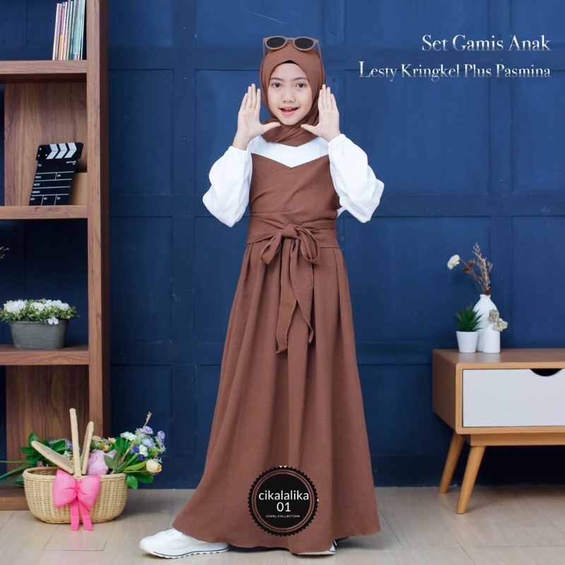 set gamis anak LESTY POLOS KRINGKEL pasmina