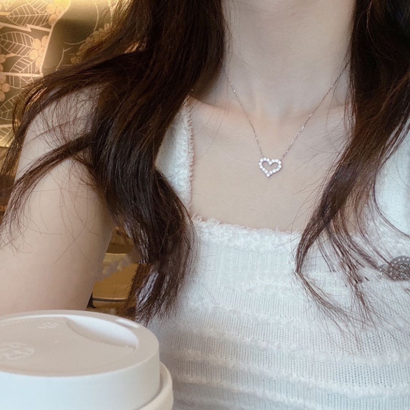 Kami Bunga Korea Bersinar Kristal Berongga Jantung Liontin Kalung Untuk Wanita Gadis Zirkon Manis Peach Perak Tulang Selangka Rantai Necklaces Jewelry