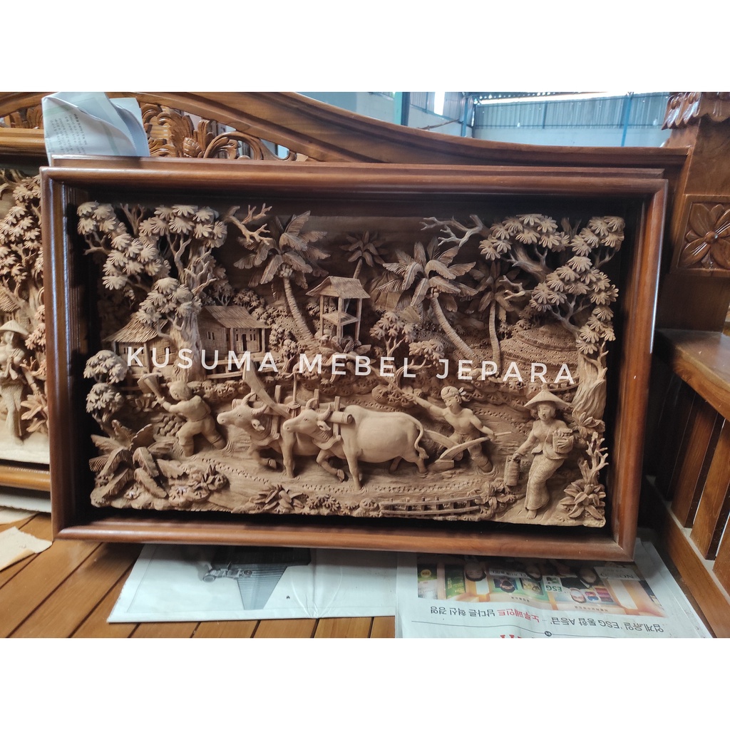 Hiasan Dinding Relief Gembala Sapi Pedesaan 2 Kayu Jati - Panjang 90cm