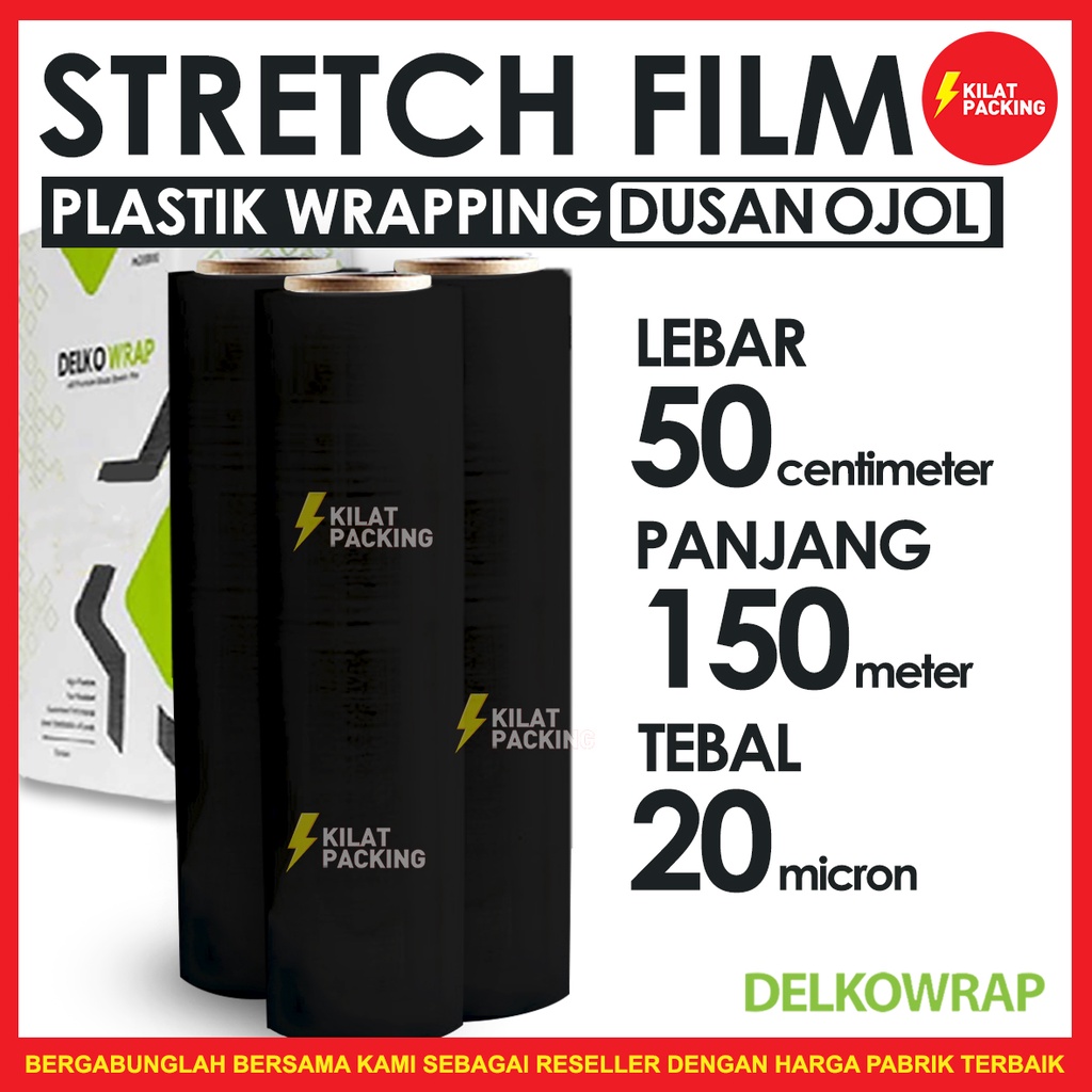 

PLASTIK WRAP KUAT TERMURAH - STRETCH FILM HITAM - DELKOWRAP - 50CM X 150M DUS GOJEK/GRAB