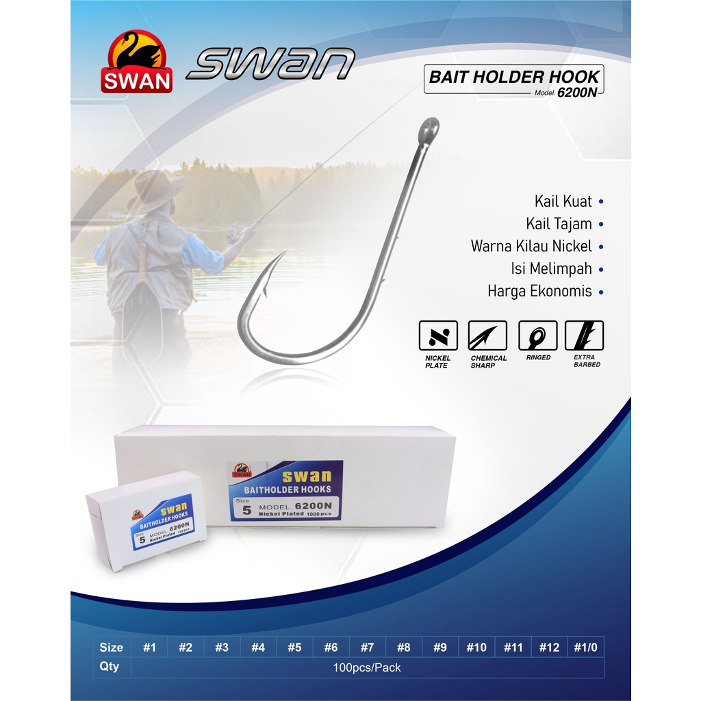 Hook/ Kail Pancing Kotak Swan Duri 6200N, Kail Duri, No 1/0 (besar) - 12 (kecil), Isi 100Pcs