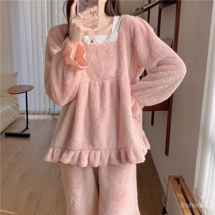 Piyama bulu karang baru untuk wanita menebal hangat Prancis hangat angin malas renda renda renda mus