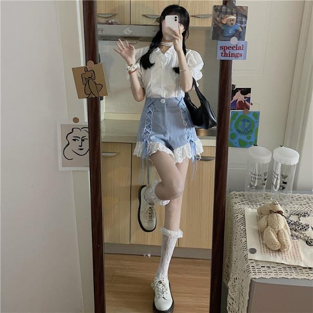 Suhao one-piece suit Chic hantu kuda gadis musim panas putih lengan pendek kemeja dengan telinga kayu + renda jahitan celana pendek setelan