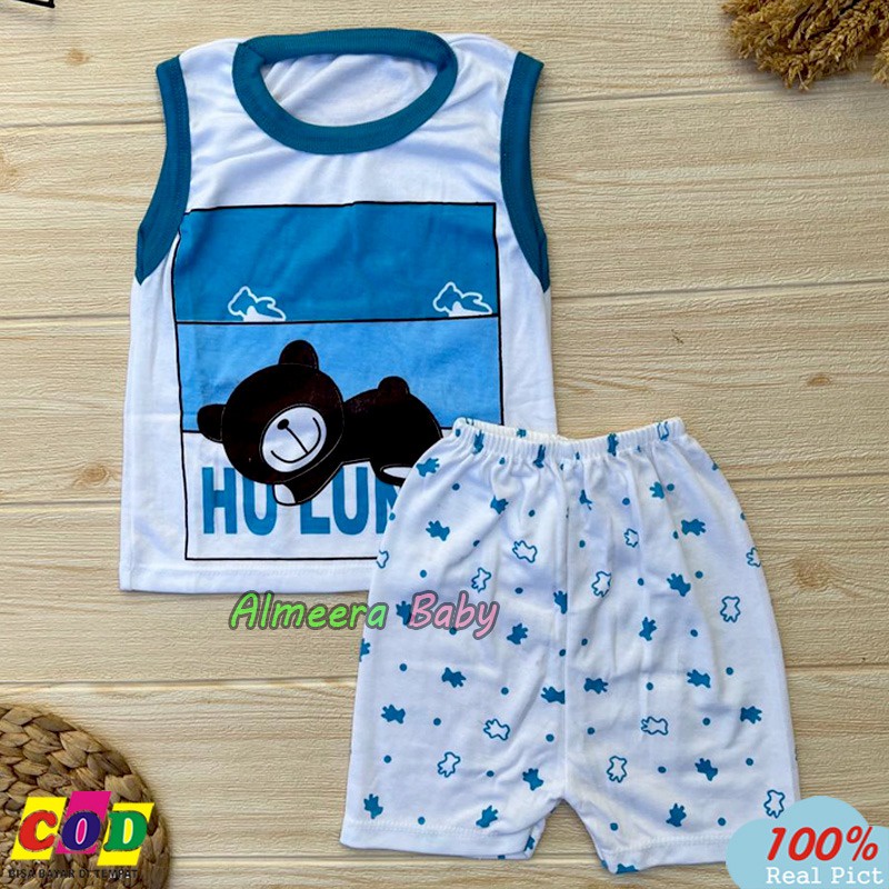 Setelan Baju Bayi Setelan Baju Kutung Singlet Bayi Motif Sleep Bear Usia 3-12 Bulan Almeera Baby and Kids