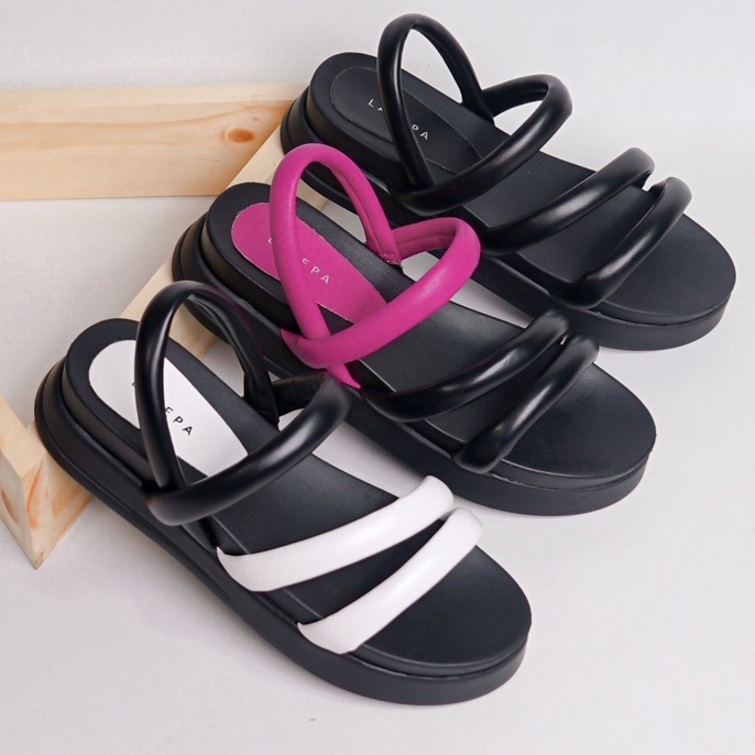 LAPEPA YUK - MEGGY Sepatu Sandal Wanita Wedges Tinggi 5cm Size 36 - 40 Model Silang dua Tali Strap Belakang Hak Sedang Sendal Gunung Cewek 37 38 39 Belleza Warna Hitam Black Fuschia Kekinian Premium Terbaru Shoes Ori Original Mall Official Store
