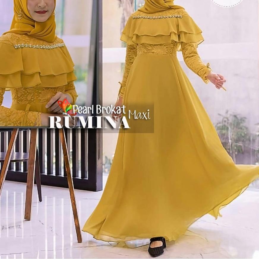 FREE ONGKIRGAMIS DRESS MUSLIM RUMINA BRUKAT PEARL | MAXI DRESS MURAH MOSCREPE BROKAT AKSEN MUTIARA M