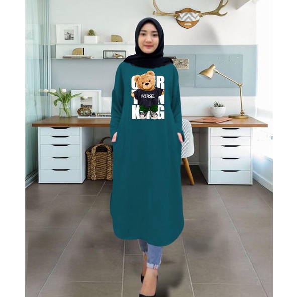 Tunik wanita DTF BEAR OVERSIZE/ tunik murah / tunik kekinian / tunik panjang / tunik import / tunik jumbo