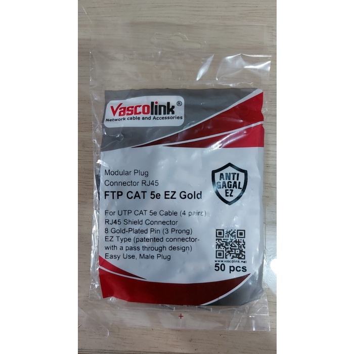 RJ45 STP FTP CAT 5E EZ GOLD ANTI GAGAL Metal Shielded 50pcs VASCOLINK