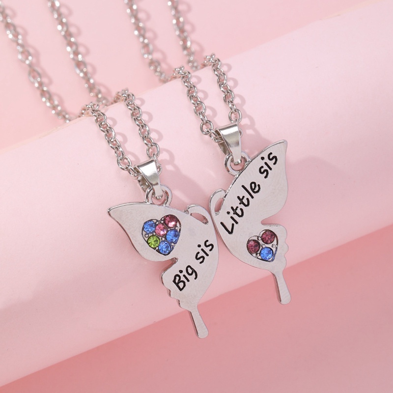 2buah Sister Kalung Hati Piece Liontin Untuk Wanita Besar Sis Kecil Sis Kupu-Kupu Bertatahkan Zirkon Perhiasan Perjamuan Hadiah
