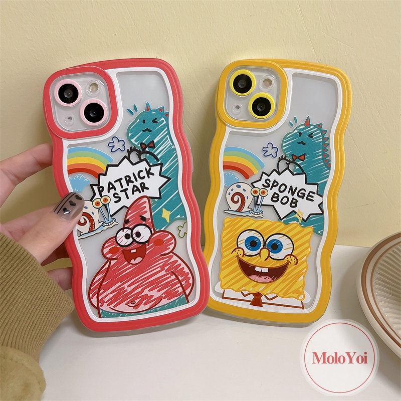 IPHONE Casing Couple Case Kompatibel Untuk Iphone11 12 14 13 Pro Max 6 6s 8 7 Plus 14Plus XR X XS Max SE 2020kartun Lucu Kartun SpongeBob Patrick Star Dinosaurus Wavy Edge Soft TPU Back Cover