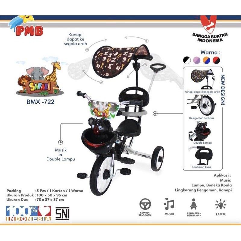 SEPEDA RODA 3 / TRICYCLE MUSIC ANAK PMB BMX - 722 NIKEL CANOPY