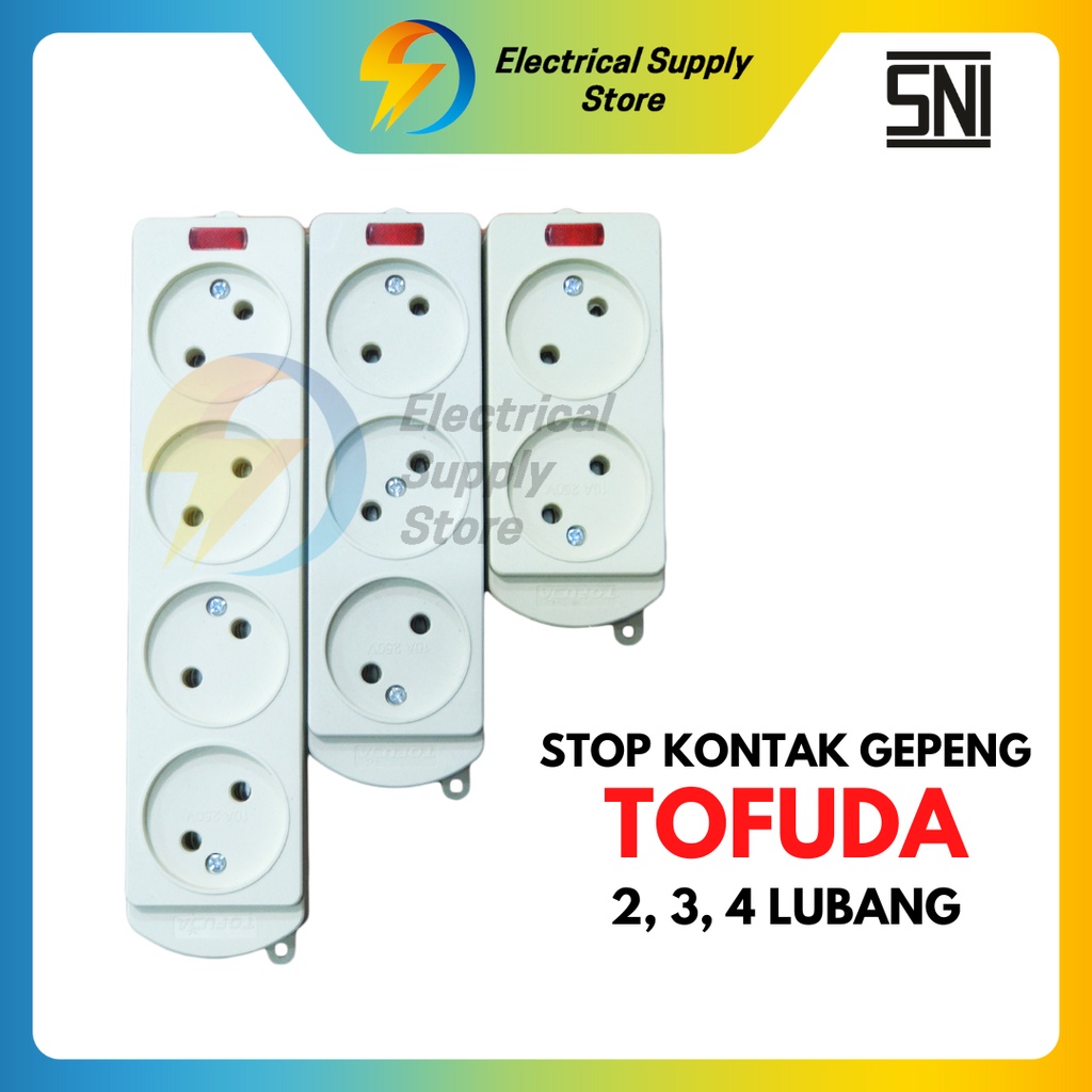 STOP KONTAK GEPENG PIPIH TOFUDA 2/3/4 LUBANG + LAMPU INDIKATOR TERMINAL KUNINGAN