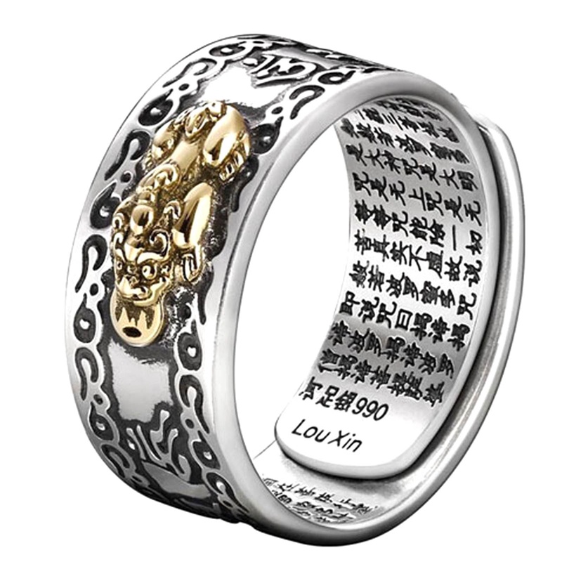 Wanita Pria Feng Shui Pixiu Charms Kekayaan Keberuntungan Cincin/ Mantra Buddha Aksara Kitab Suci Jimat Kekayaan Terbuka Adjustable Silver Rings
