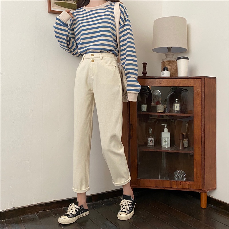 Krem Pinggang Karet Santai Boyfriend Jeans Wanita