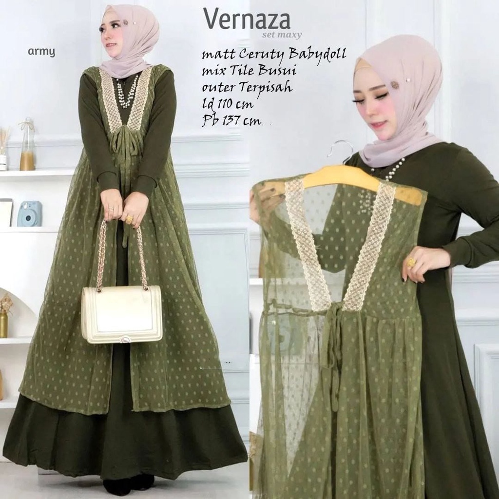 Baju Gamis wanita muslim bahan ceruty babydoll premium 2023 vernaza dress mix tiledot outer terpisah gaun pesta kondangan wanita terbaru kekinian baju gamis lebaran 2023