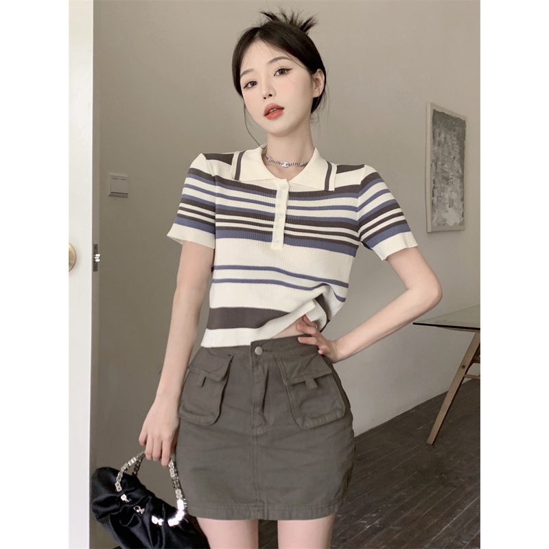 Kaos Stripe Wanita Lengan Pendek Kerah Polo Longgar Bergaris Retro Korea