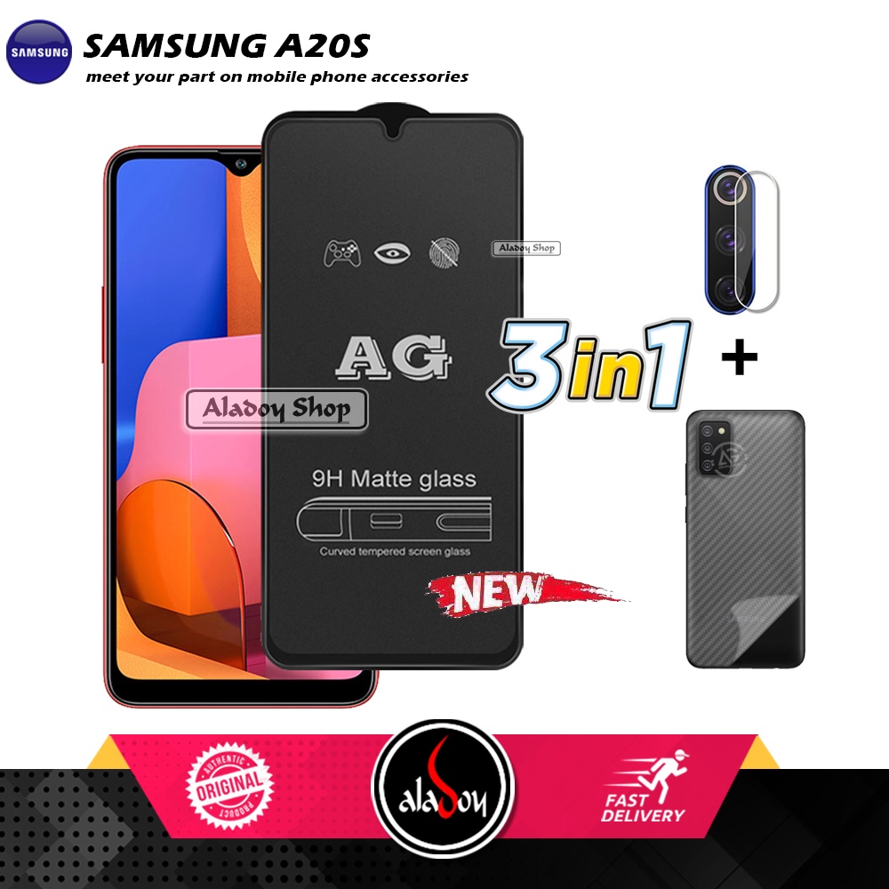 Paket 3IN1 Tempered Glass Layar Matte Anti Glare Samsung A20S Free Tempered Glass Camera dan Skin Carbon