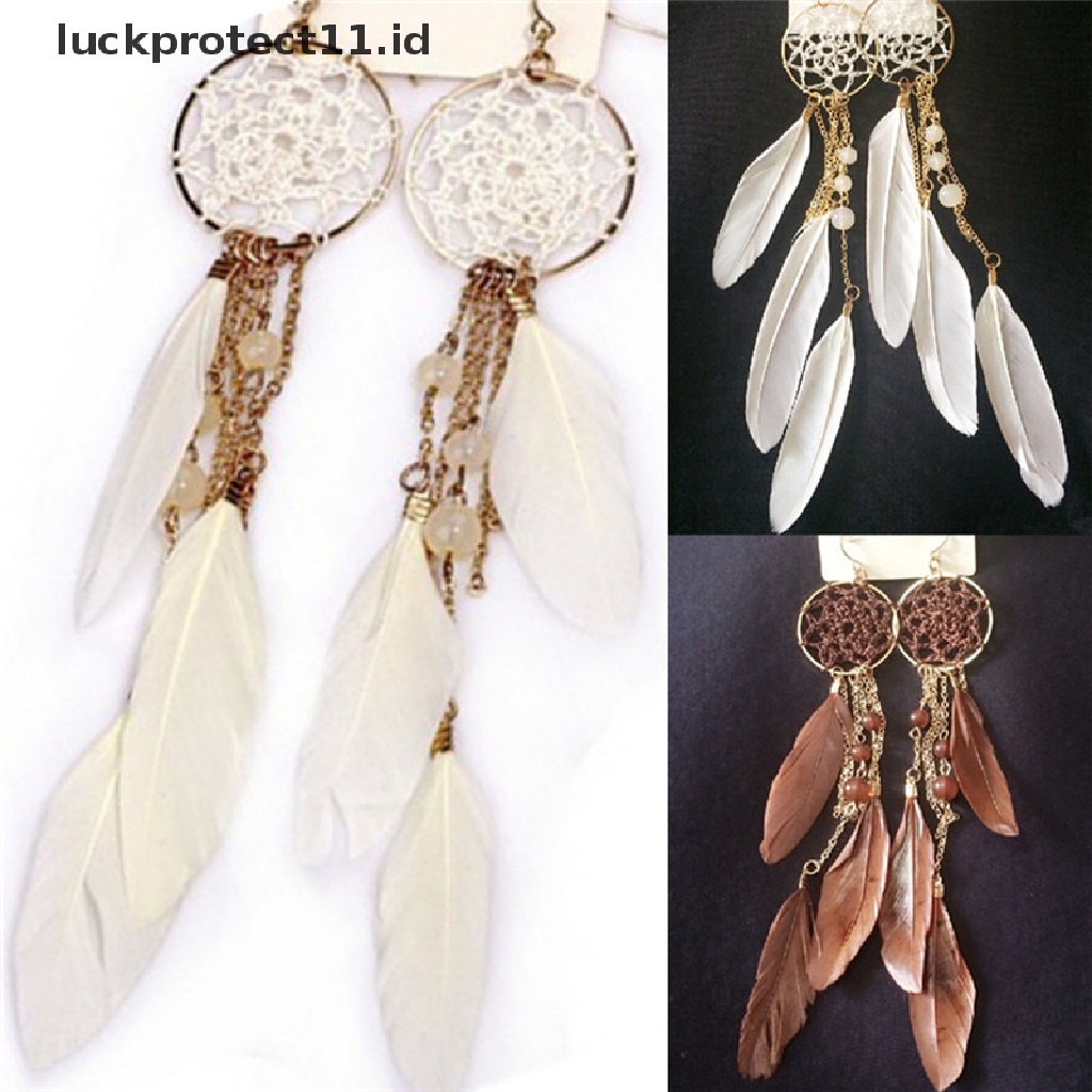 /Fashion Hot//// Manik-Manik Bulu Etnik Bohemia Baru Desain Panjang Dream Catcher Anting Untuk Wanita.