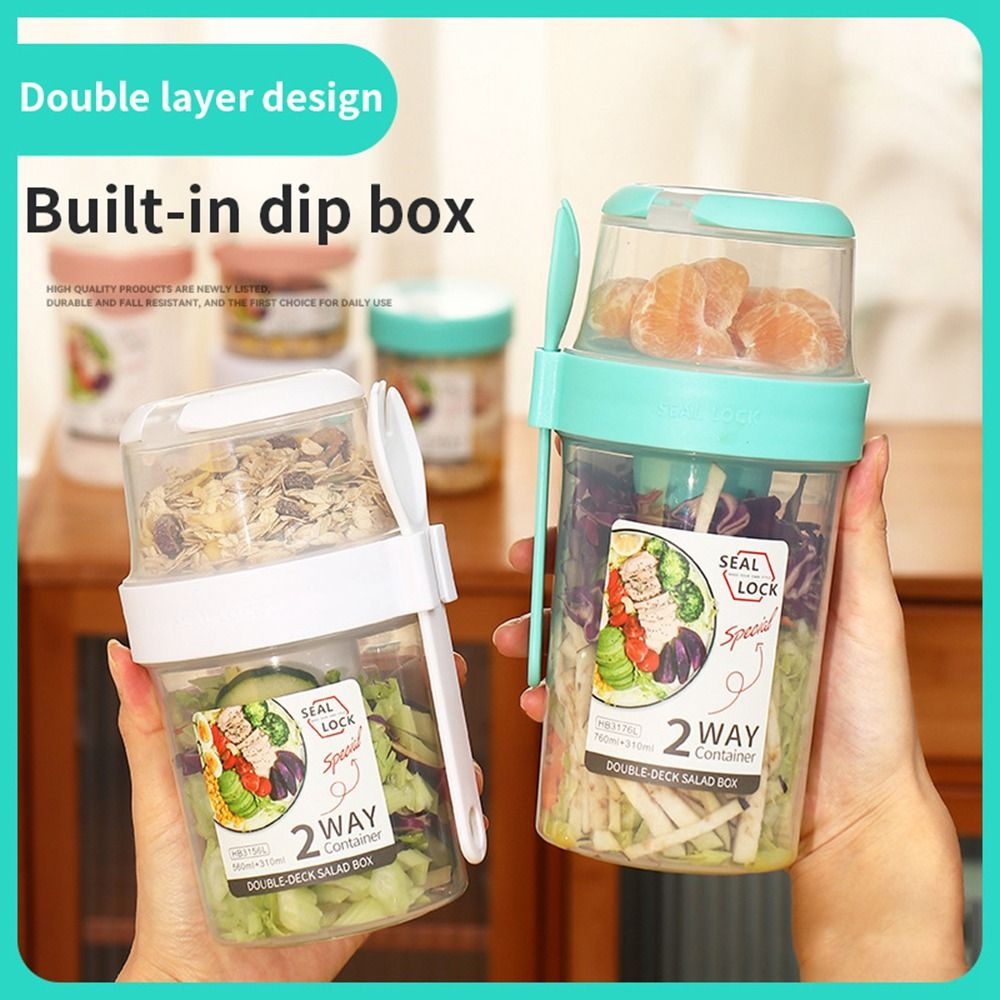 [Elegan] Salad Cup Portable Plastik Dengan Garpu Dipisahkan Double-layer Fresh-keeping Lunch Box