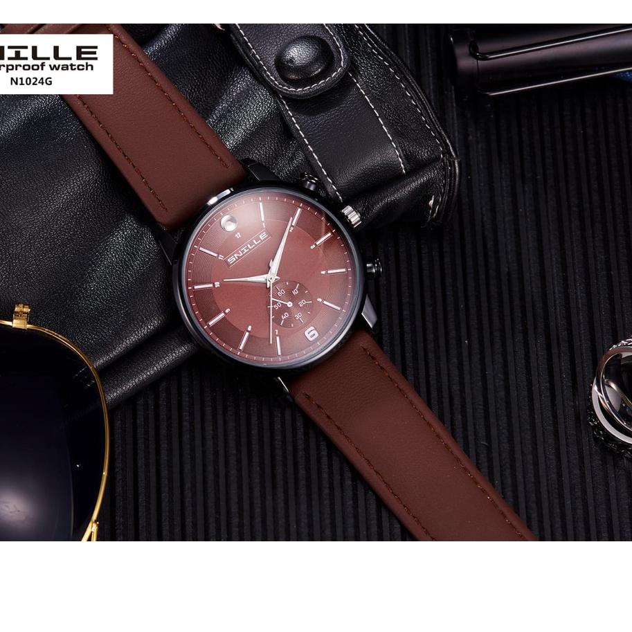 Star Seller.. Jm Tangan Pria Snille N1024G Kulit Original Anti Air { Free Box+Batrey}