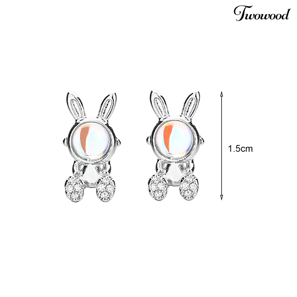 Twowood 1pasang Ear Studs Faux Moonstone Mini Bawa Keberuntungan Bling Berlian Imitasi Kelinci Bunny Wanita Anting Perhiasan Aksesoris