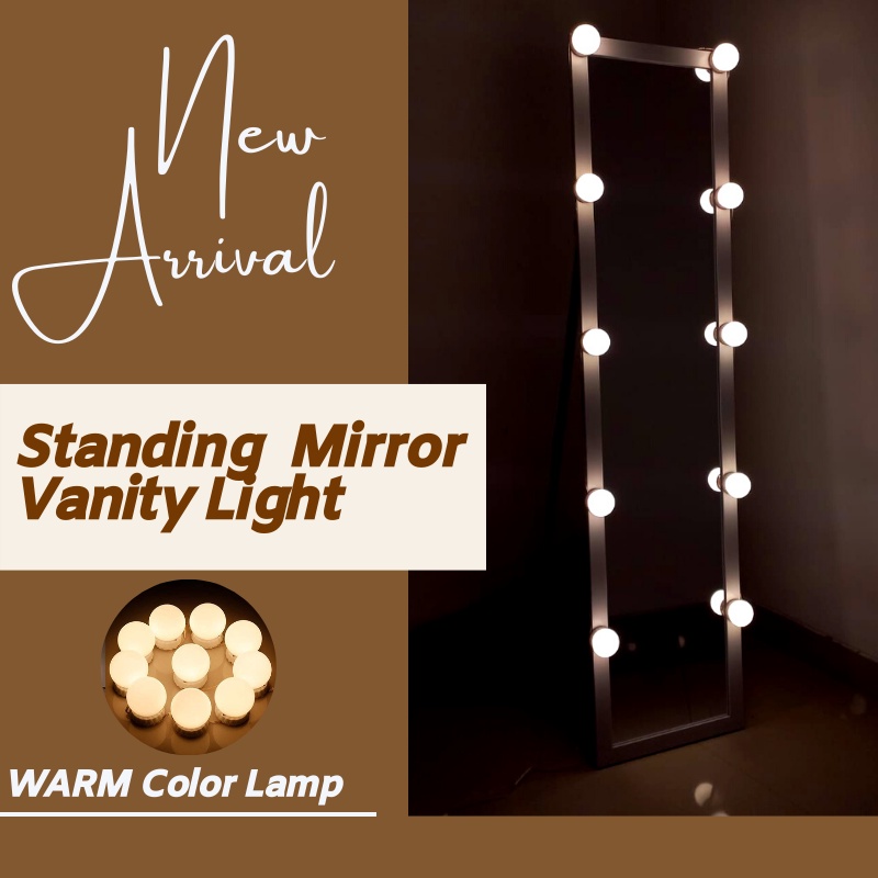 Standing Mirror Full Body LED Vanity Lamp Kaca Cermin Lampu Dinding Gantung Make Up Mek Up Dandan Rias Bingkai Kayu Sebadan Berdiri Standing Miror Untuk Hias Penghias Dekor Kamar Aesthetic Bohlam Vanity Cermin Mirror Estetik Estetic Besar Gede OOTD Salon