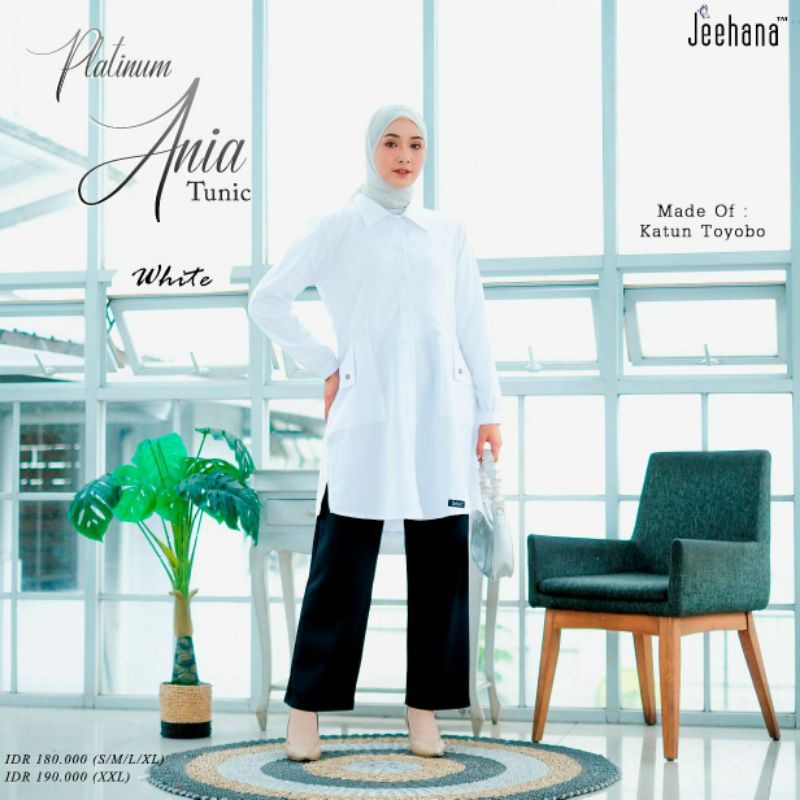 baju atasan tunik wanita muslimah ania putih polos lengan panjang jhn