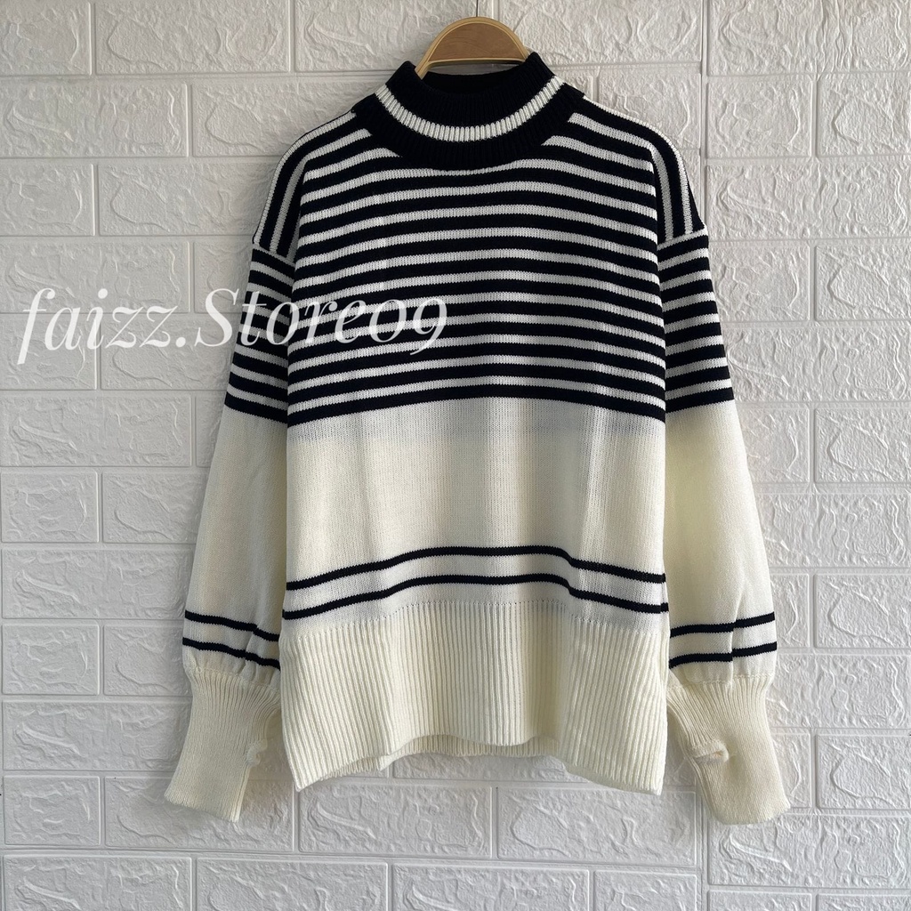 JEHA TURTLELNEC SWETER RAJUT RAJUT MOTIF STRIPPY ROUNHAND TANGAN MODEL MANSED