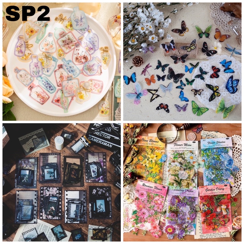 

10 pc sticker bahan PET for scrapbook journal journaling scrapbooking bujo bunga kupu flower film aesthetic sp2